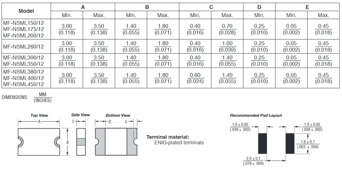 Mechanical Drawing - Bourns MF-NSML/X PPTC Resettable Fuses